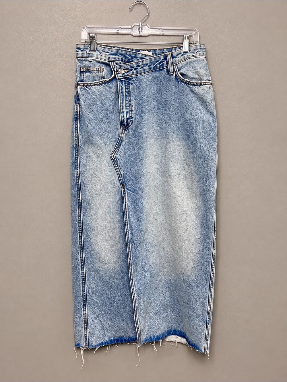 Zara Asymmetrical Crossover Waist Denim Midi Skirt Acid Wash Raw Hem Small Y2K